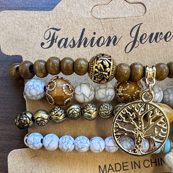 NWT Bohemian Tree of Life Bracelet Set of 4 - Gold, Brown & Blue 🌺 - Picture 2 of 5